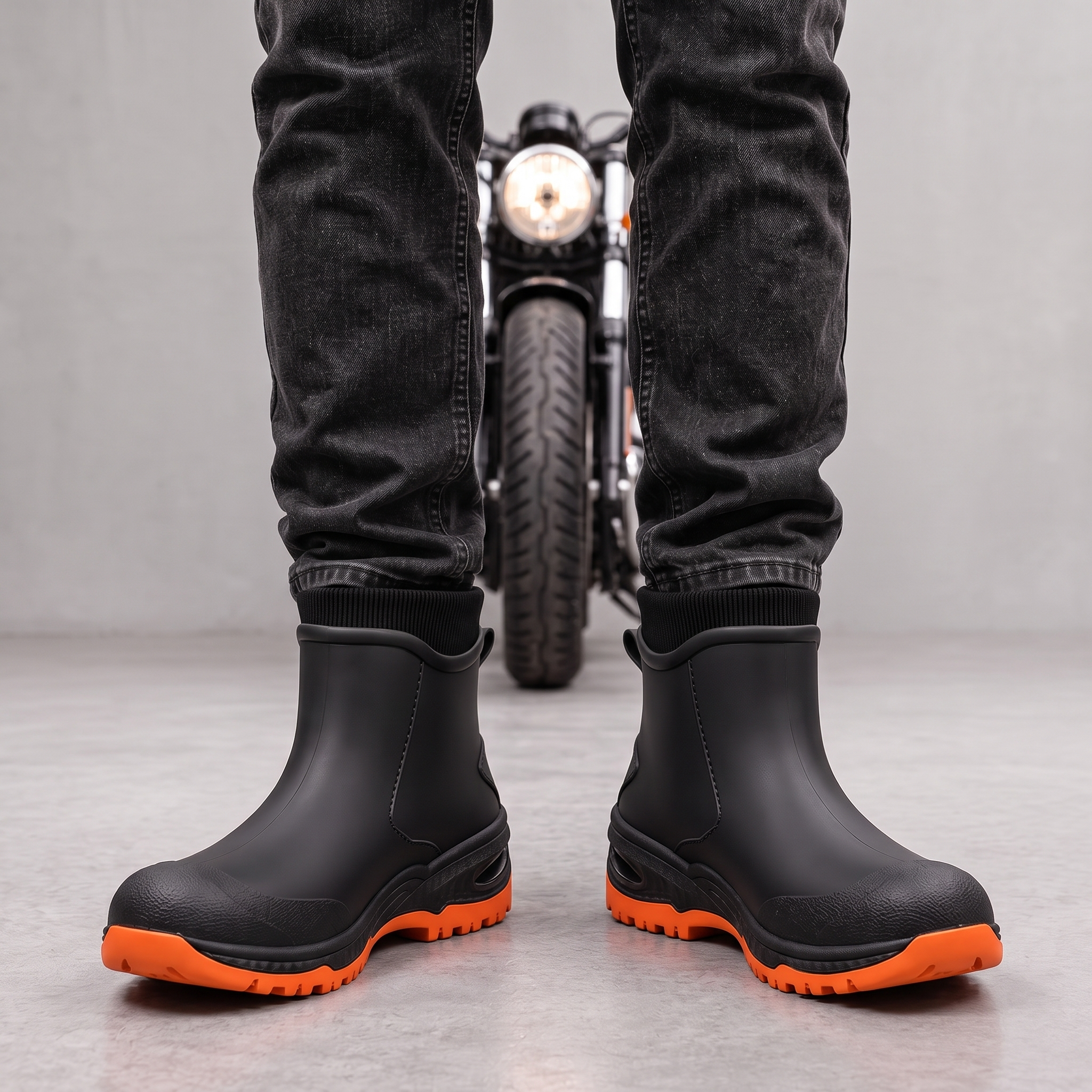 Black ankle rain boots with orange lugged soles worn with dark jeans, front view.