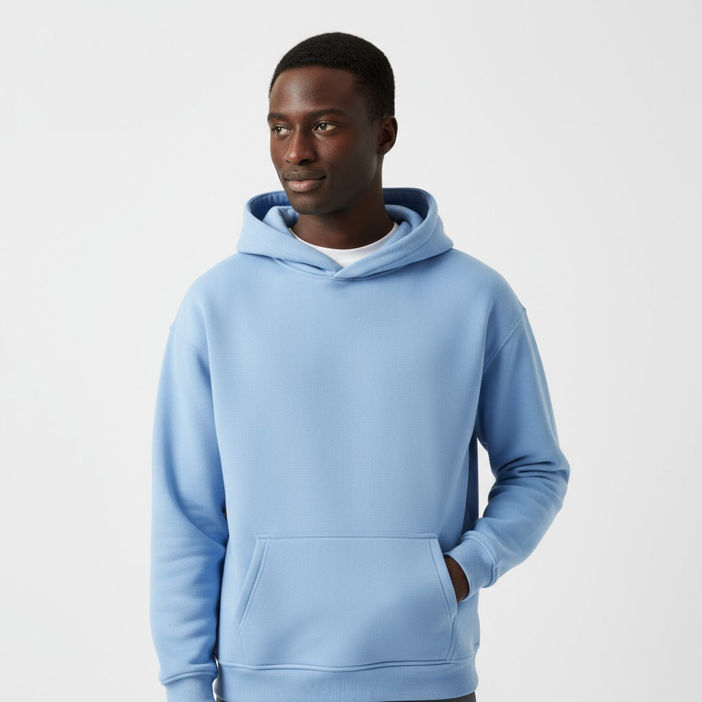 Men's heavyweight hoodie in light blue, worn, front view