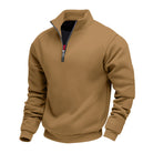 Camel fleece-lined quarter zip jumper with a short zip, product shot | Chaps London