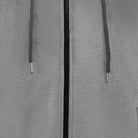 Men's waffle zip hoodie in grey, close-up of the waffle texture, the zip and the drawstrings