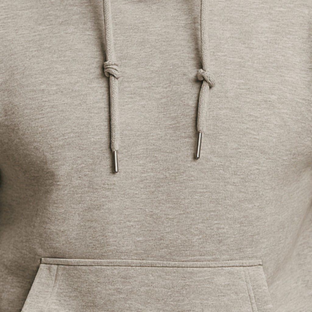 Men's classic drawstring hoodie in light grey, close-up of the drawstrings and the kangaroo pocket
