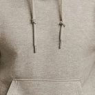 Men's classic drawstring hoodie in light grey, close-up of the drawstrings and the kangaroo pocket
