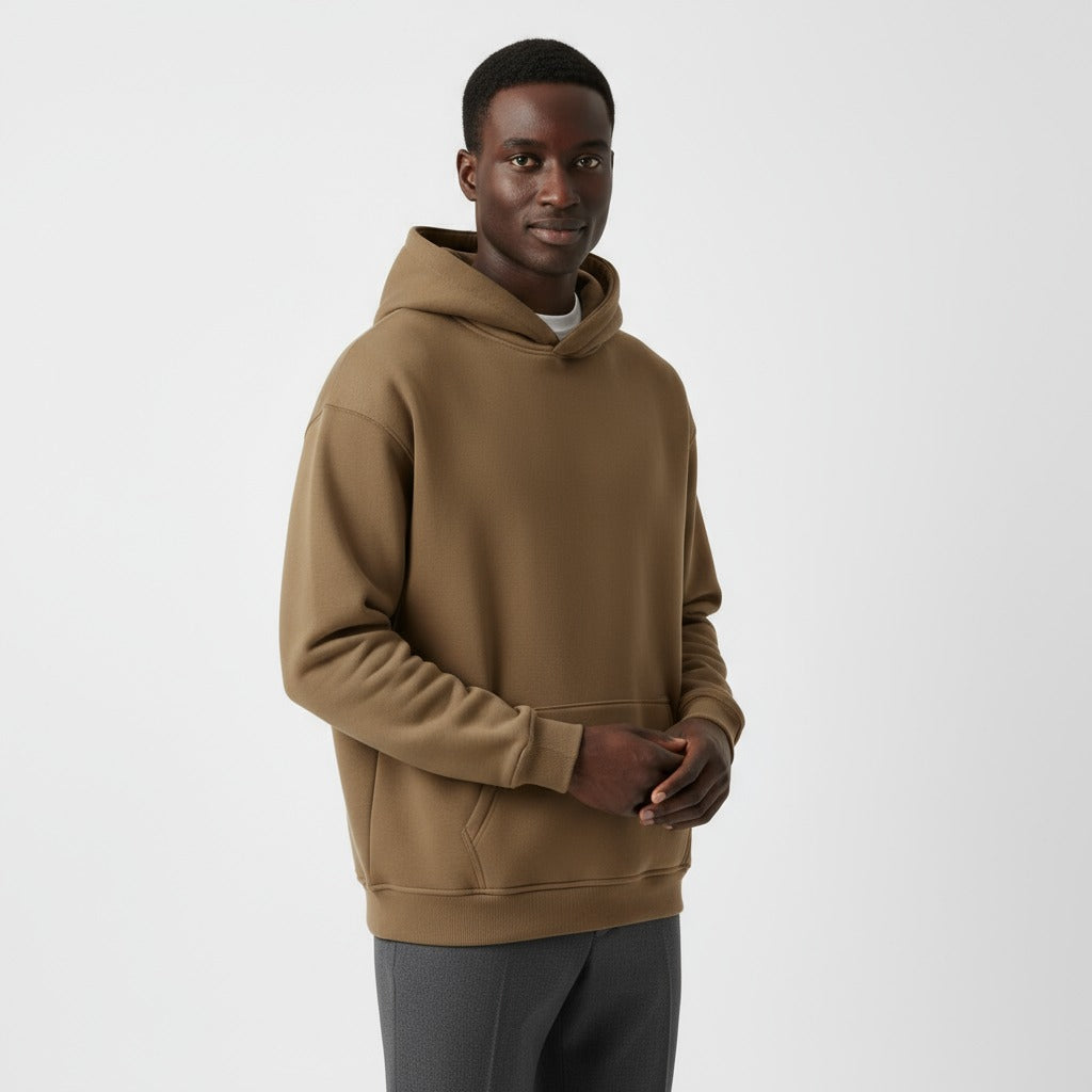 Men's heavyweight hoodie in brown, worn, front view