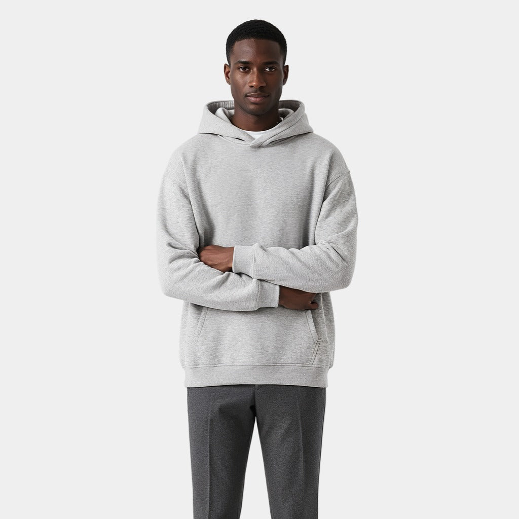 Men's heavyweight hoodie in grey, worn, front view