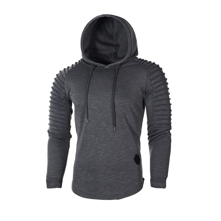 Men's slim-fit hoodie with ribbed sleeves in grey, front view