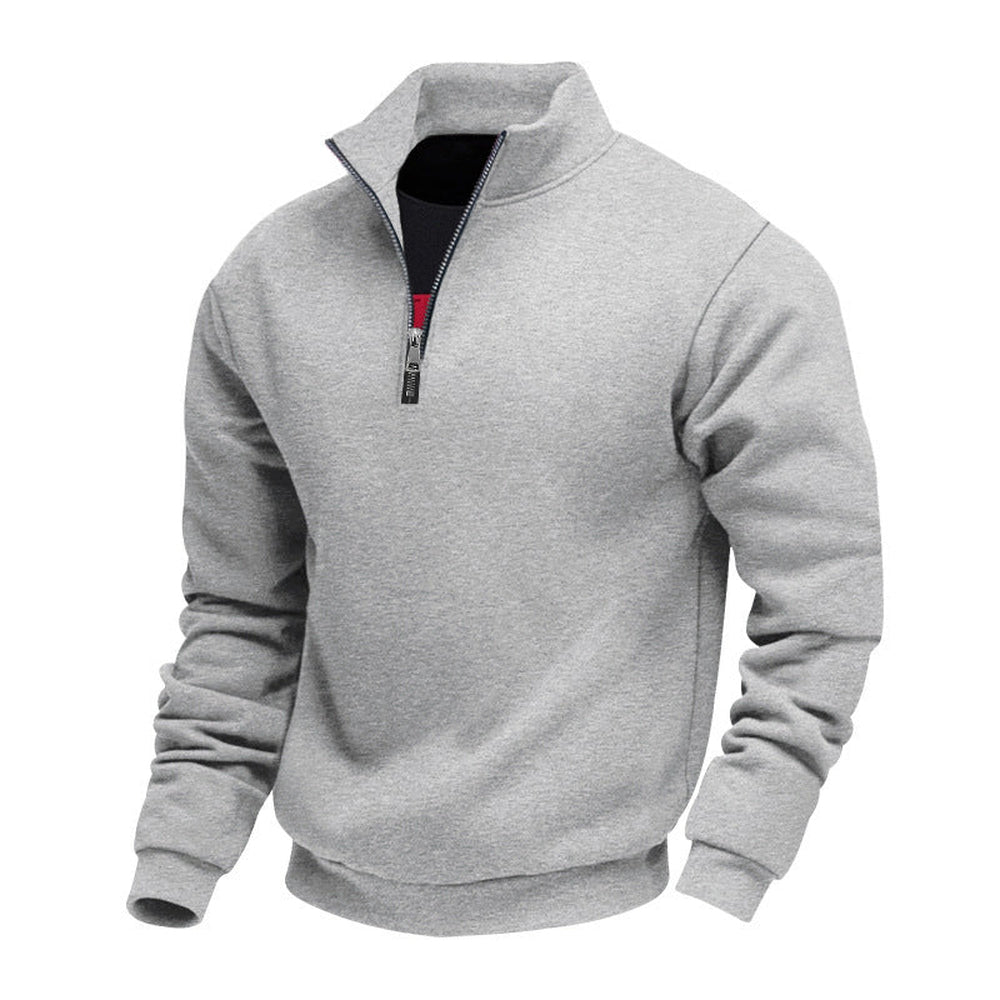 Light grey fleece-lined quarter zip jumper with ribbed cuffs and hem, product shot | Chaps London