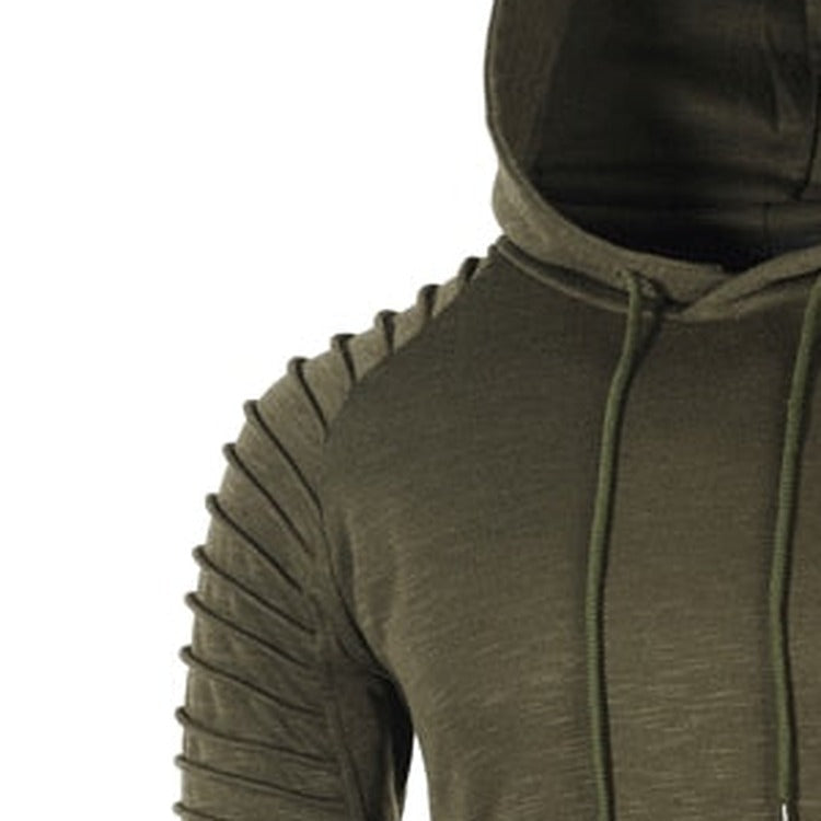 Men's slim-fit hoodie with ribbed sleeves in olive green, close-up of the ribbed sleeve and the hood