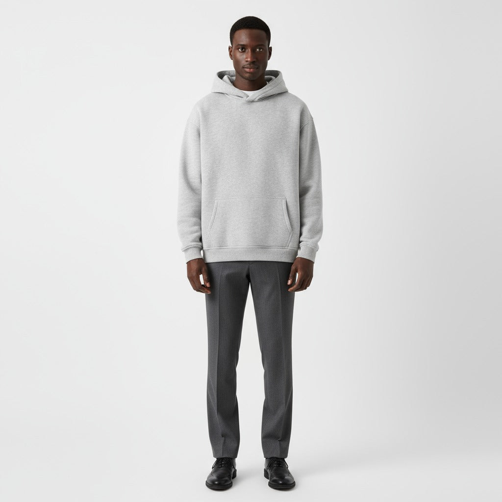 Men's heavyweight hoodie in grey, worn, front view