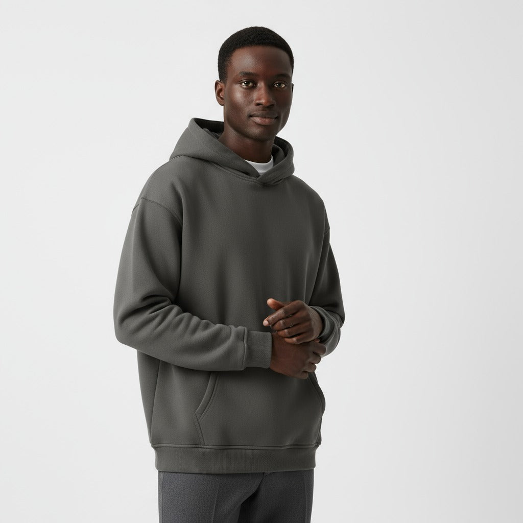 Men's heavyweight hoodie in slate grey, worn, front view