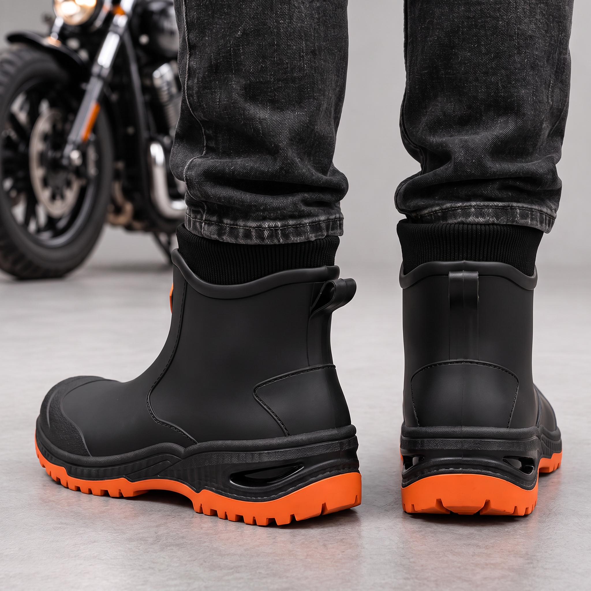 Black ankle rain boots with orange lugged soles worn with dark jeans, back view with pull tabs.