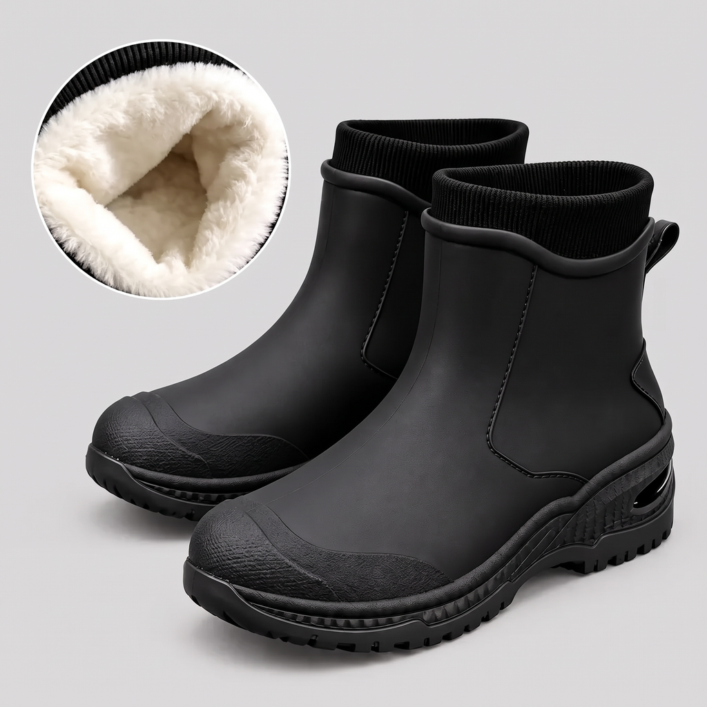 All black ankle rain boots with ribbed knit cuffs, inset showing the white fleece lining.