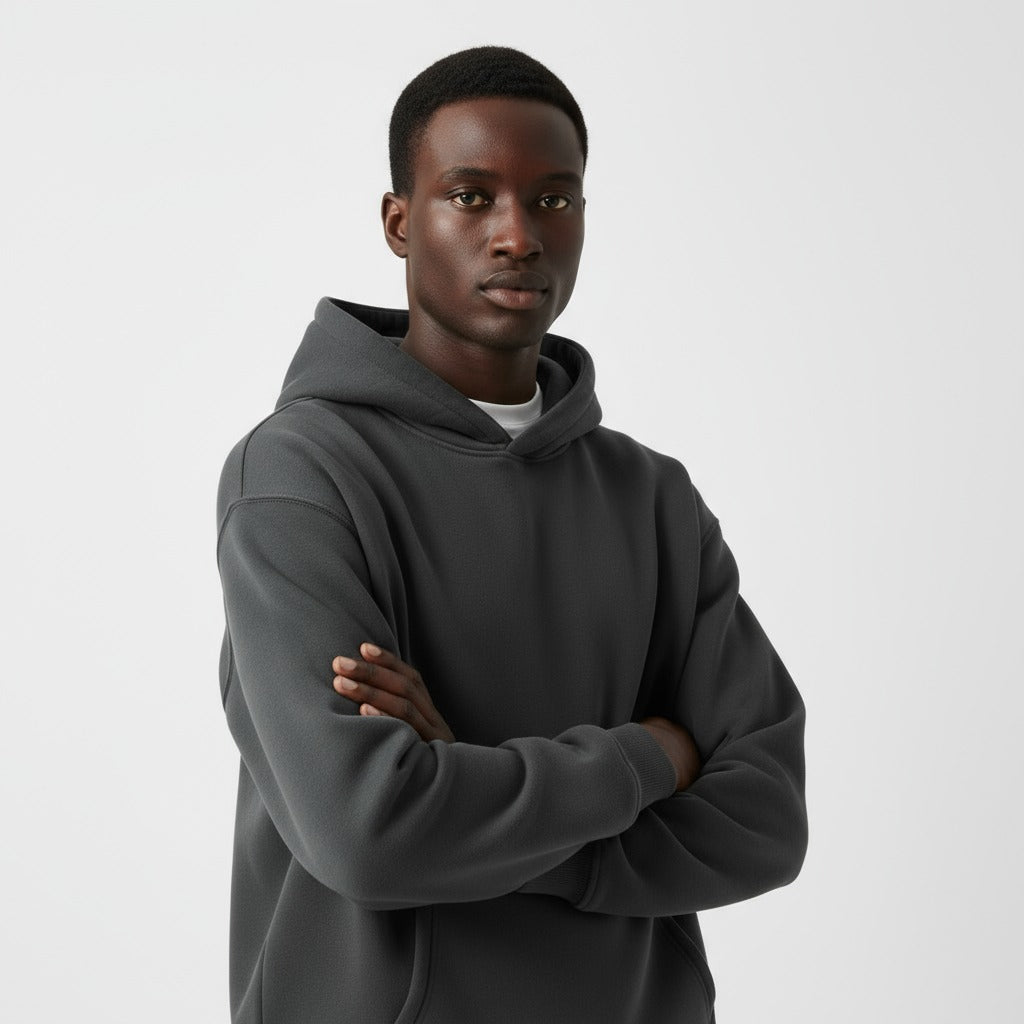 Men's heavyweight hoodie in dark grey, worn, front view