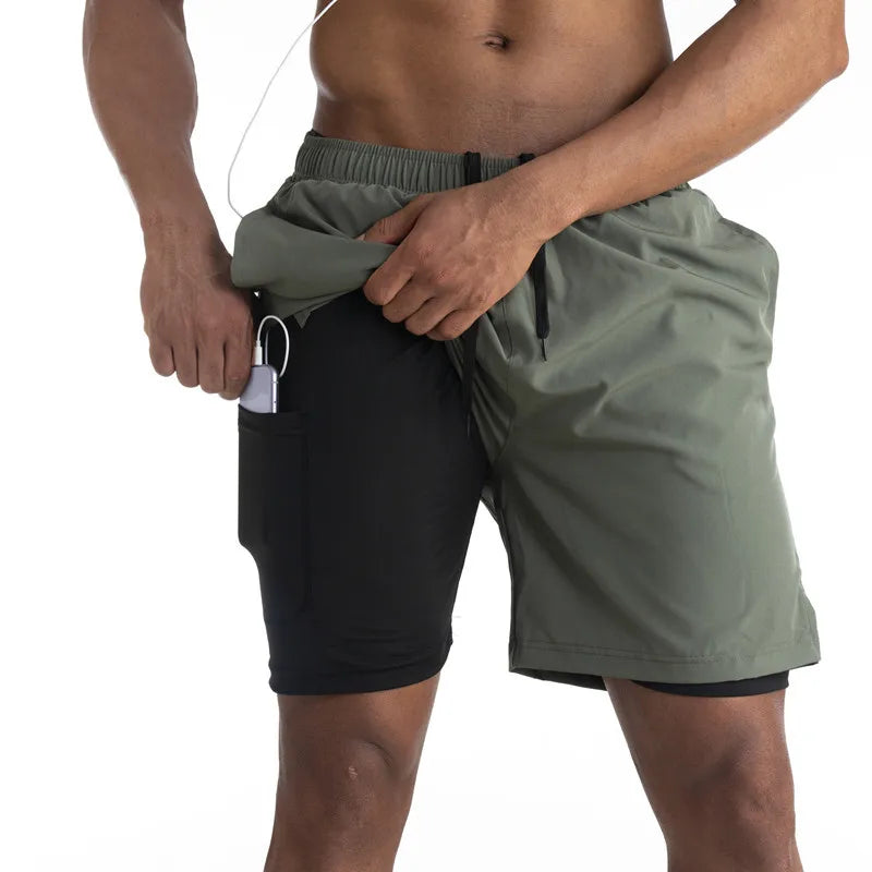 2-in-1 Shorts | Pockets | Workout | Running Shorts | Men's Shorts-Sportbroek man-Chaps London-Army Green-S-Chaps London