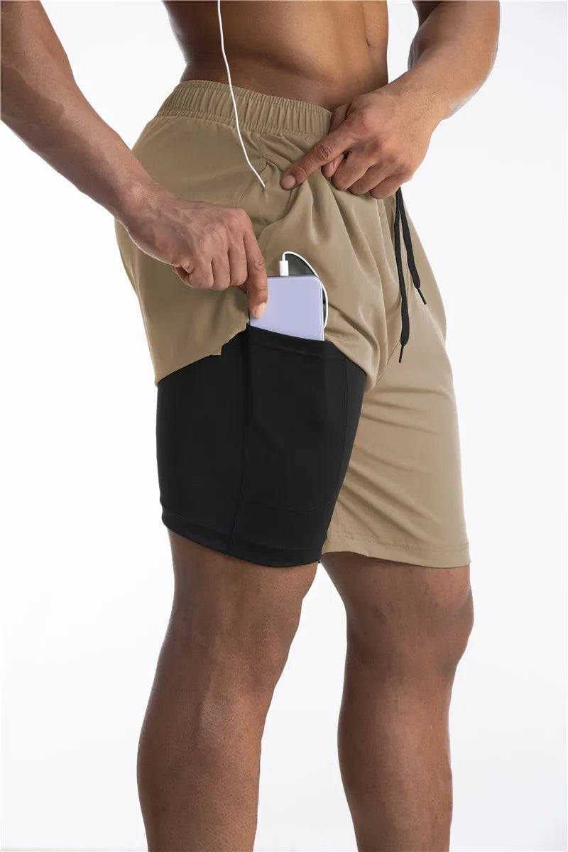 2-in-1 Shorts | Pockets | Workout | Running Shorts | Men's Shorts-Sportbroek man-Chaps London-Khaki-S-Chaps London