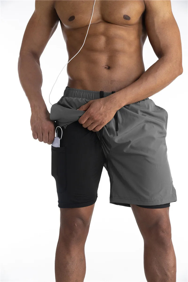 2-in-1 Shorts | Pockets | Workout | Running Shorts | Men's Shorts-Sportbroek man-Chaps London-Light Gray-S-Chaps London