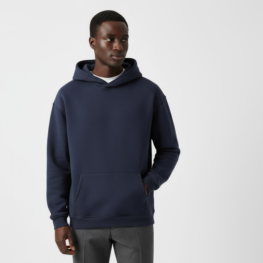 Men's heavyweight hoodie in navy, worn, front view