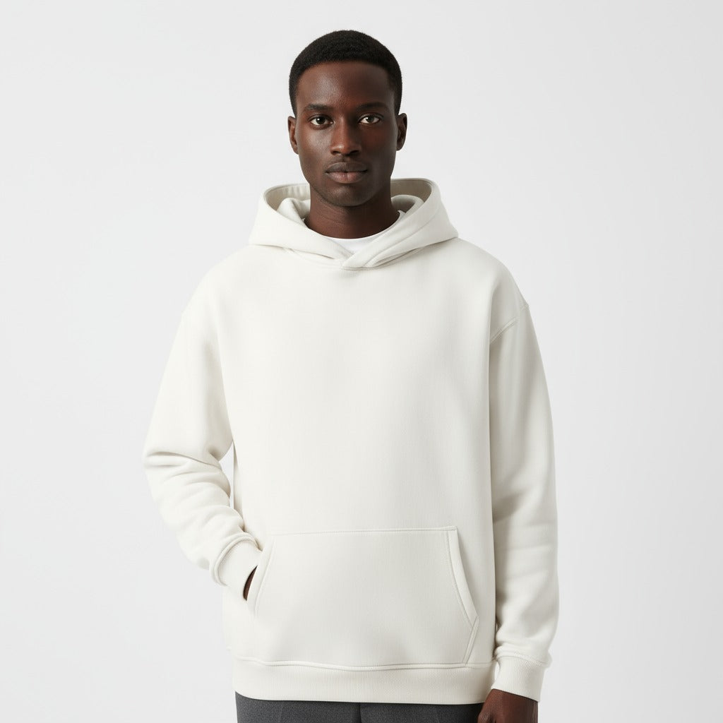Men's heavyweight hoodie in white, worn, front view