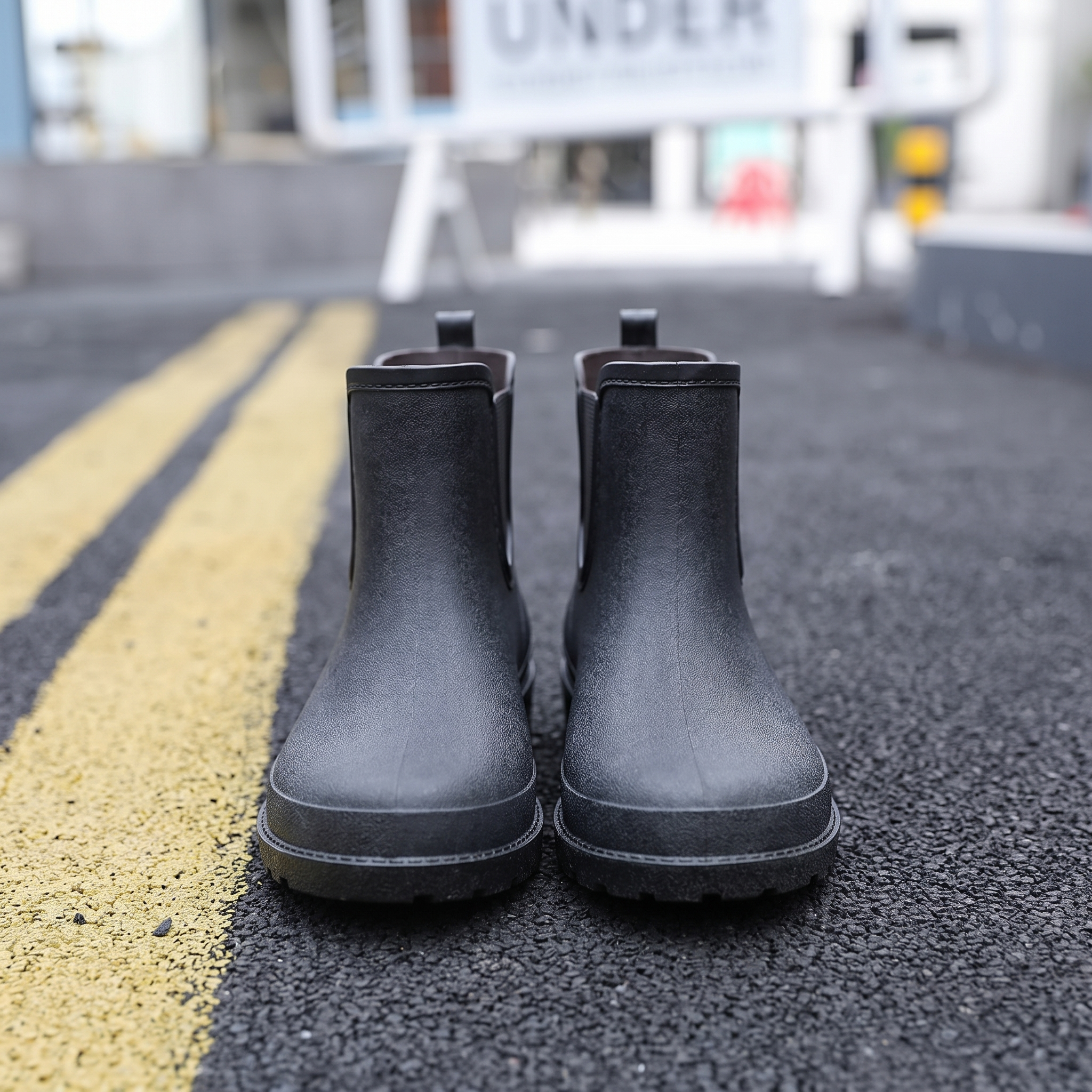 A pair of black rubber Chelsea style rain boots with elastic side panels and pull tabs standing on a street with yellow road markings, front view