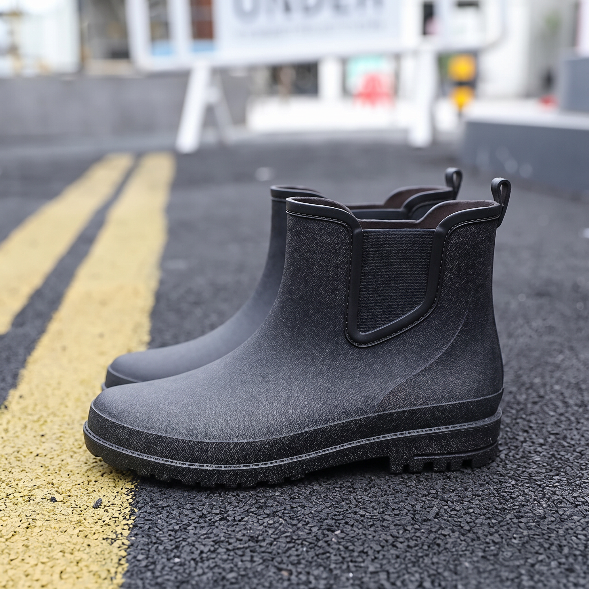 A pair of black rubber Chelsea style rain boots with elastic side panels and pull tabs standing on a street with yellow road markings, side view