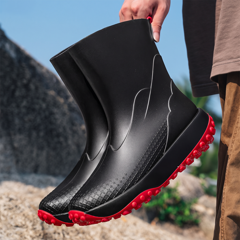 Men's wellies in black red