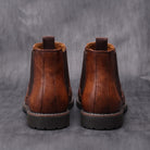 Brown leather Chelsea boots rear view, stitched detail, pair standing upright | Chaps London