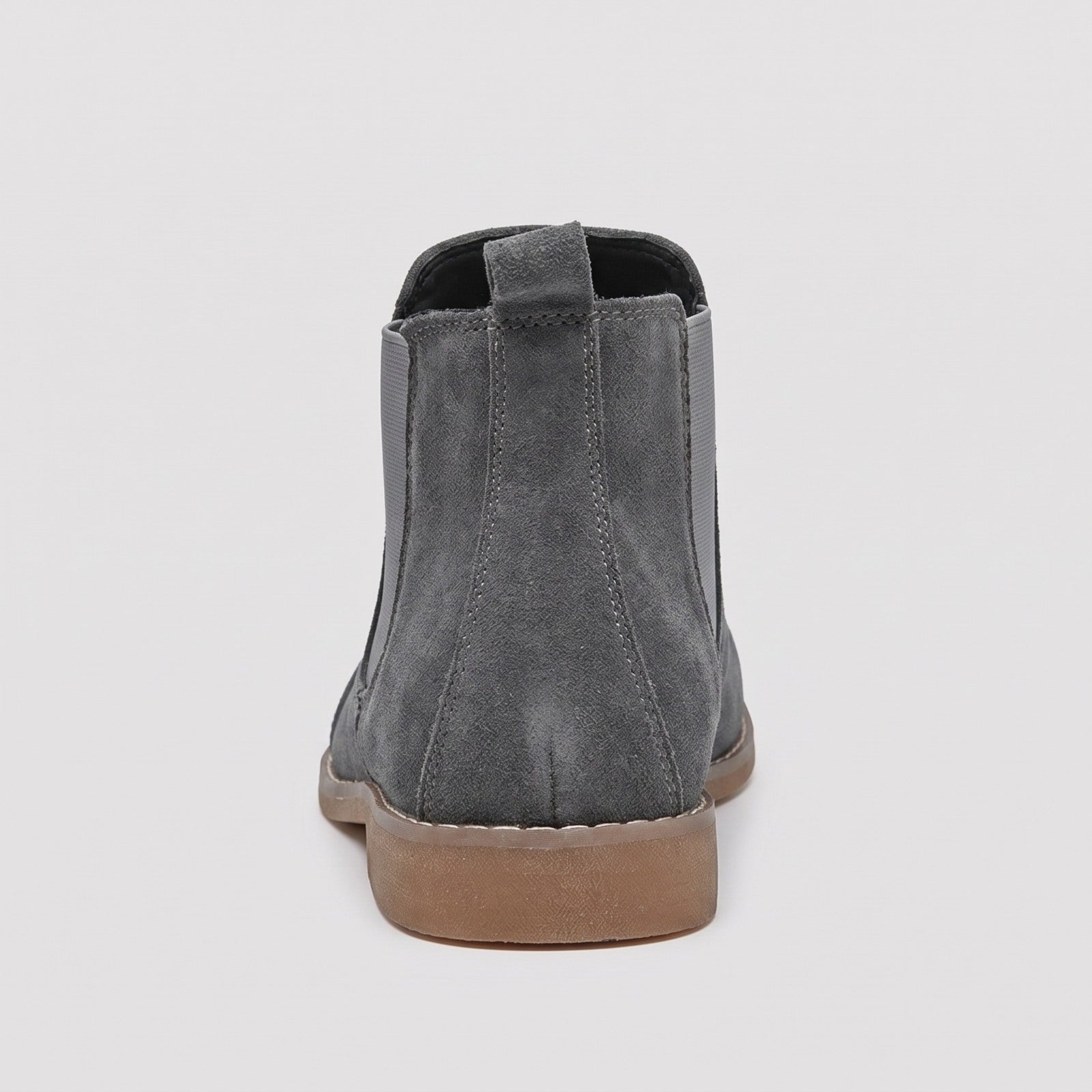 Gray faux suede Chelsea boot, rear view, flat lay on surface | Chaps London