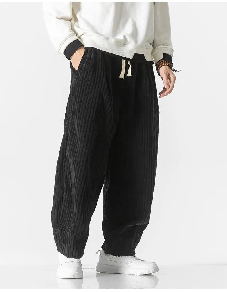 Baggy Pants - Drawstring - Loose Fit - Corduroy Pants - Men's Pants-Men Trousers-Chaps London-Black-M-Chaps London