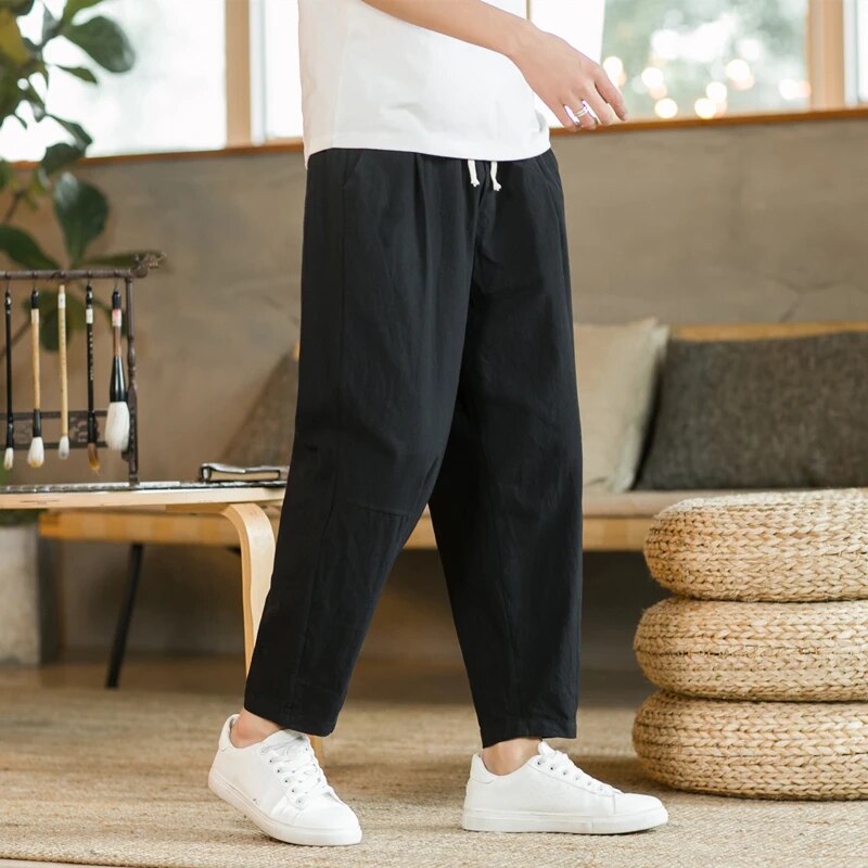 Baggy Pants - Drawstring - Loose Fit - Linen Pants - Men's Pants-Chaps London-Black-M-Chaps London