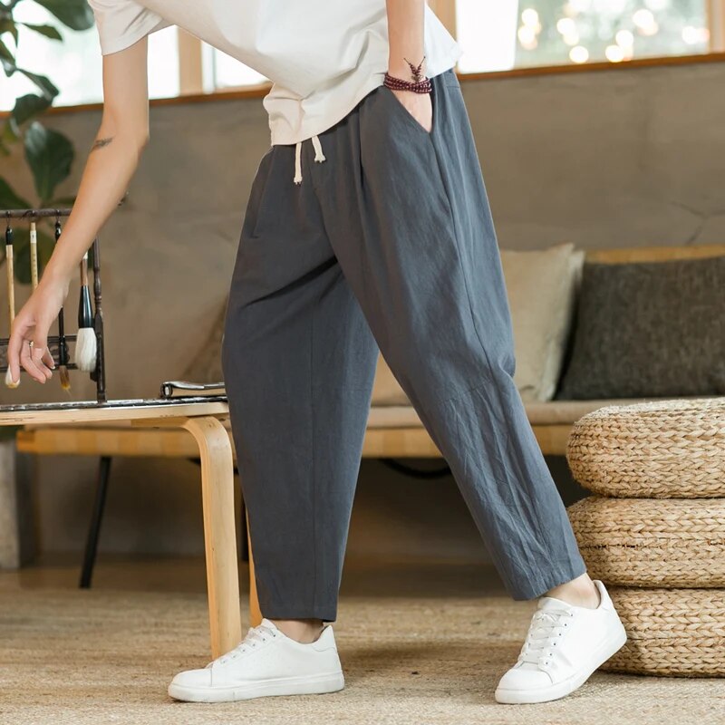 Baggy Pants - Drawstring - Loose Fit - Linen Pants - Men's Pants-Chaps London-Dark Grey-M-Chaps London