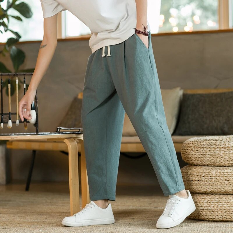 Baggy Pants - Drawstring - Loose Fit - Linen Pants - Men's Pants-Chaps London-Green-M-Chaps London