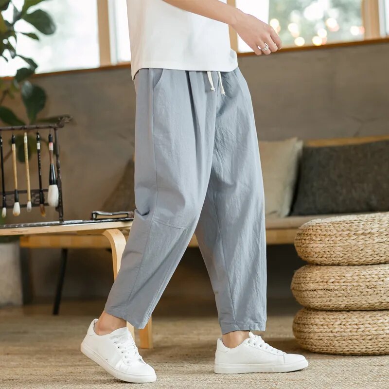 Baggy Pants - Drawstring - Loose Fit - Linen Pants - Men's Pants-Chaps London-Grey-M-Chaps London