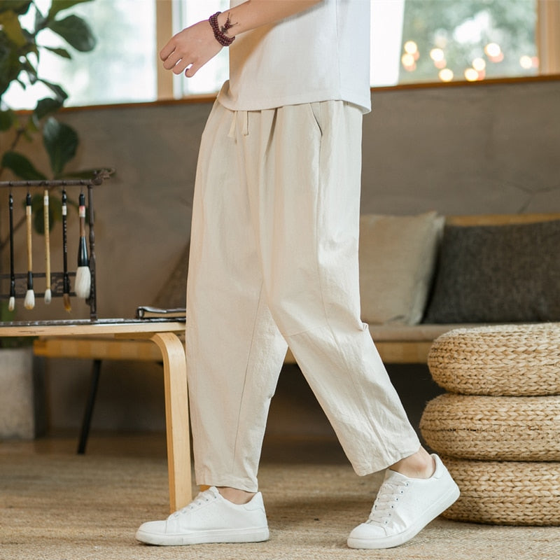 Baggy Pants - Drawstring - Loose Fit - Linen Pants - Men's Pants-Chaps London-Khaki-M-Chaps London