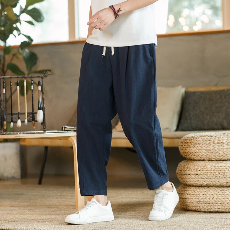 Baggy Pants - Drawstring - Loose Fit - Linen Pants - Men's Pants-Chaps London-Navy Blue-M-Chaps London