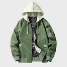 Green hooded bomber jacket with striped lining, shown flat with zipper open | Chaps London