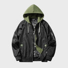 Black bomber jacket with green hood, striped lining, shown unworn flat | Chaps London