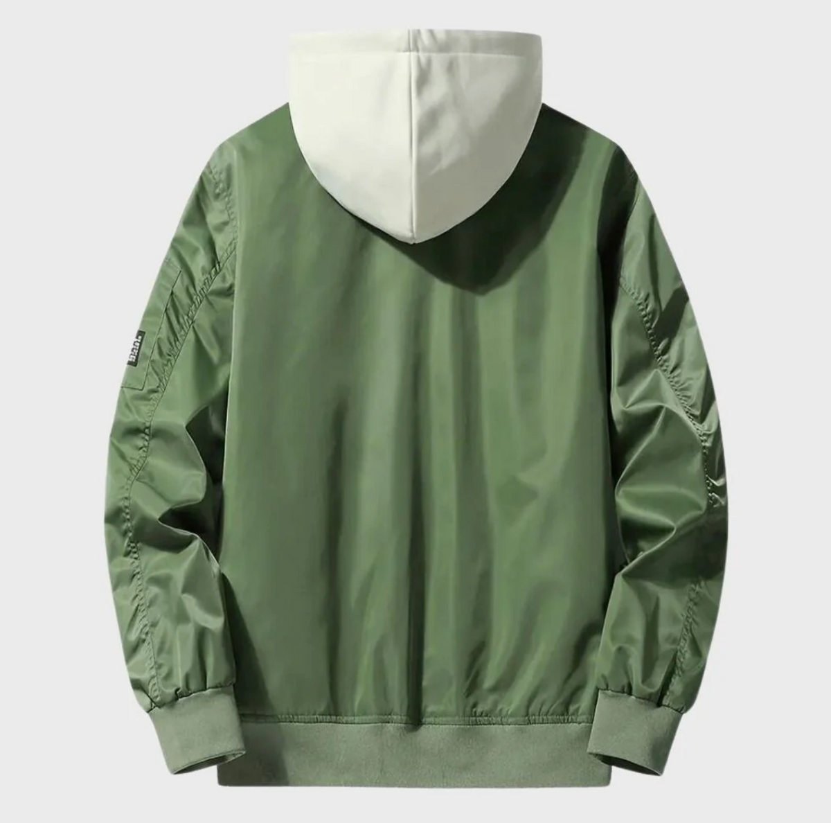 Green bomber jacket with cream hood, back view, worn by person | Chaps London