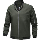Olive green bomber jacket with stand collar, zip pockets, flat lay display | Chaps London
