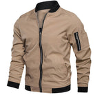 Khaki bomber jacket with black ribbed trim, zip pockets, flat lay display | Chaps London