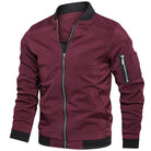 Maroon bomber jacket with ribbed trim, zip pocket, worn by model | Chaps London