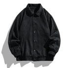 Black button-up bomber jacket with collar, shown flat, ribbed cuffs and hem | Chaps London
