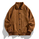Brown suede bomber jacket with ribbed cuffs, buttoned, shown flat | Chaps London