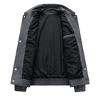 Gray suede bomber jacket with black lining, laid flat, unbuttoned | Chaps London