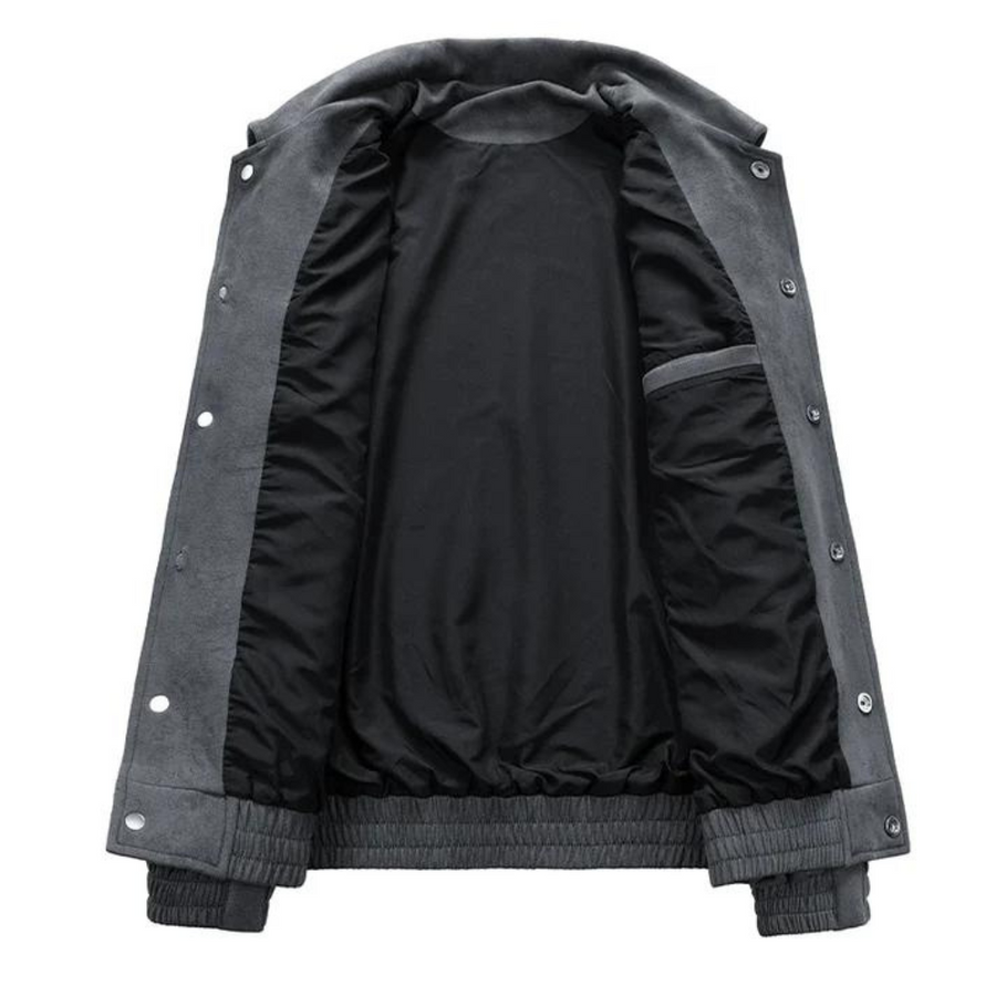 Gray suede bomber jacket with black lining, laid flat, unbuttoned | Chaps London