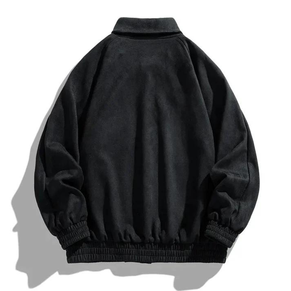 Black suede-like bomber jacket with ribbed cuffs, shown flat, back view | Chaps London