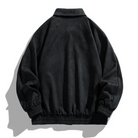Black suede-like bomber jacket with ribbed cuffs, shown flat, back view | Chaps London