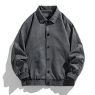 Gray button-up bomber jacket with ribbed cuffs, flat lay display | Chaps London