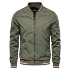 Olive green bomber jacket with striped trim, worn by unseen model | Chaps London