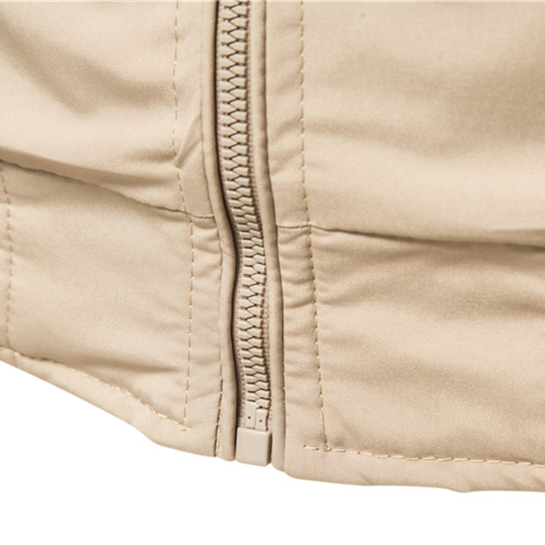 Beige fabric close-up showing zipper detail and stitched seams flat | Chaps London