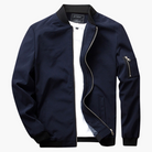 Navy blue zip-up bomber jacket with ribbed collar, flat lay display | Chaps London