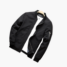Black bomber jacket with zip pocket, shown flat on mannequin | Chaps London